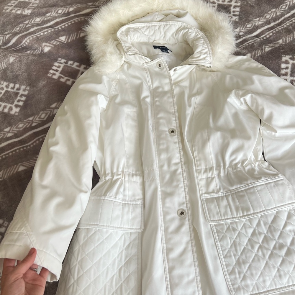 Weather Tamer  Women's White Jacket with Faux Fur Hood perfect for spring